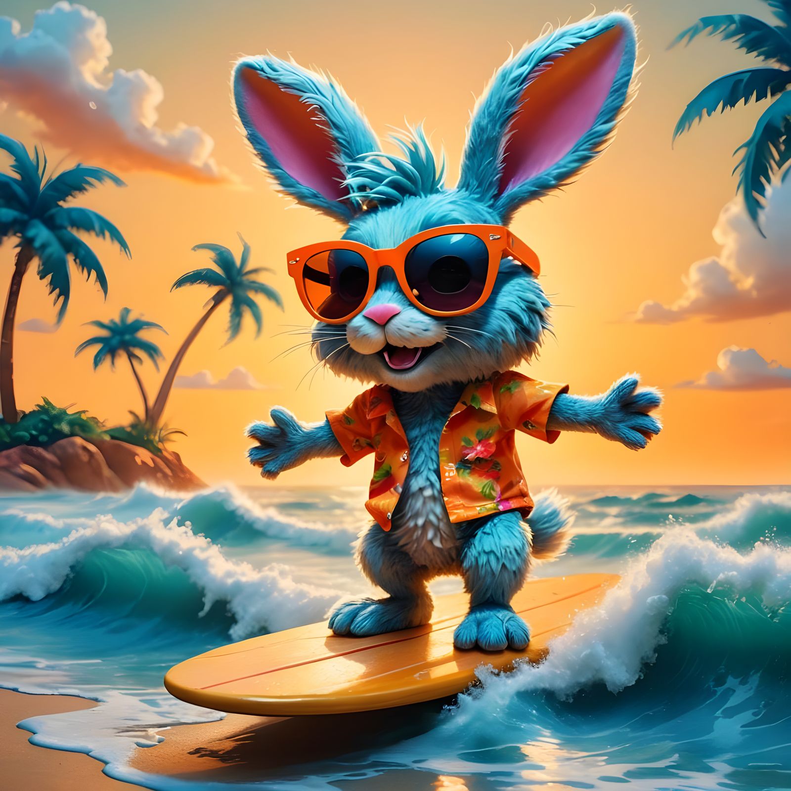 Disco Surfer Bunny in Vibrant Beach Scene, 3D Digital Art