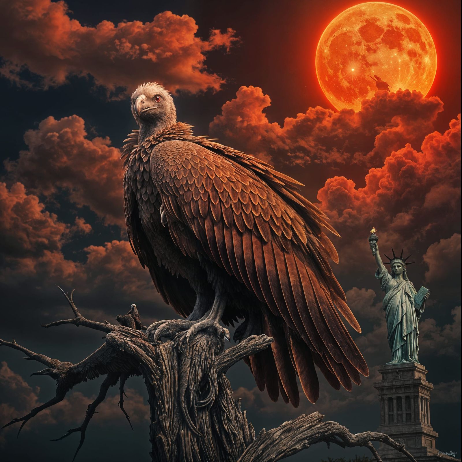 Ethereal Vulture in Crimson Glory Amidst Midnight Skies