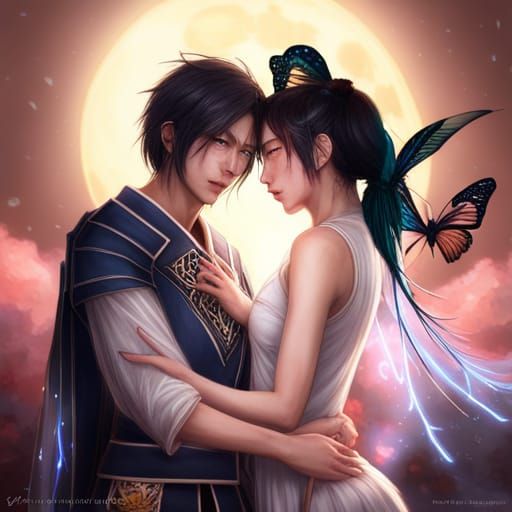 Moonlit Portrait of Figures with Lightning and Butterflies