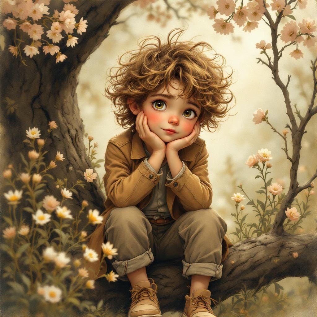 Dreamy Boy in Wildflowers, Children's Book Illustration