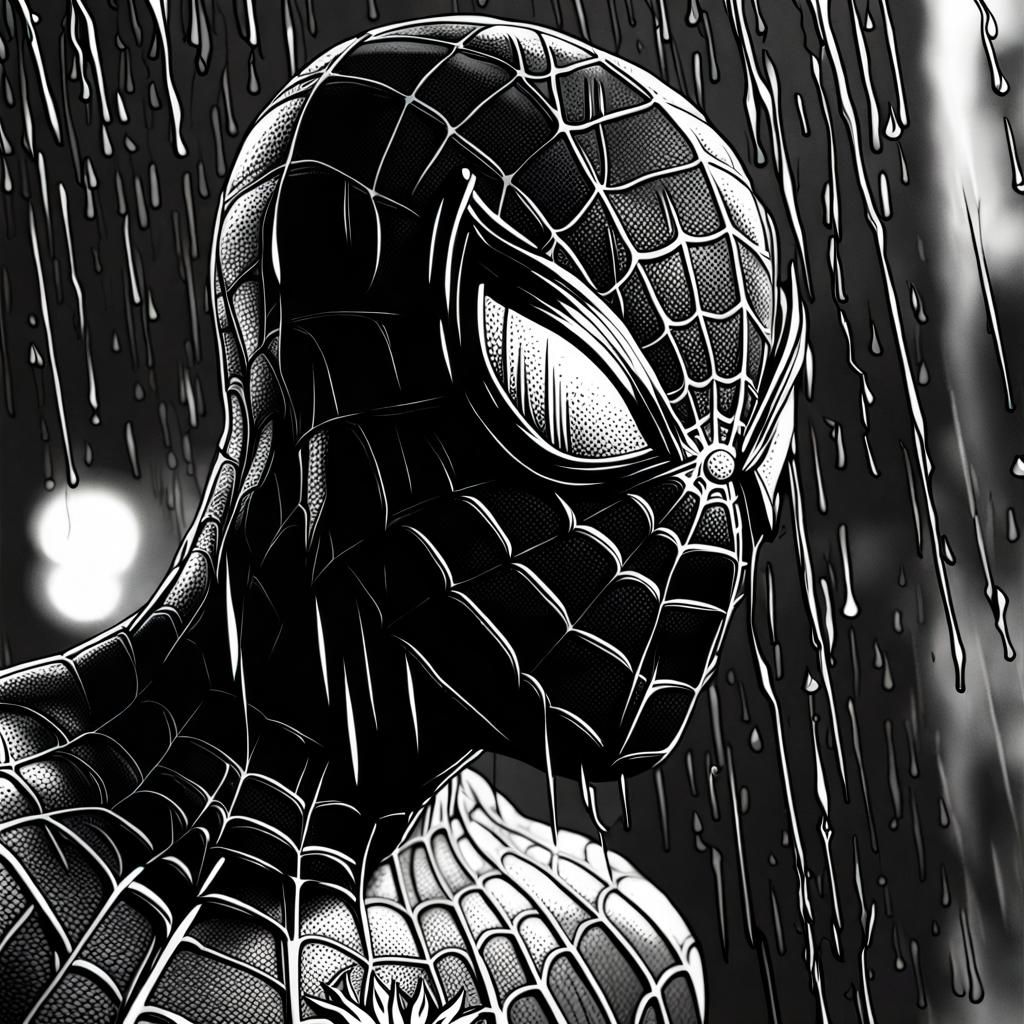 Spider-Man in Heavy Rain: Detailed Charcoal Drawing