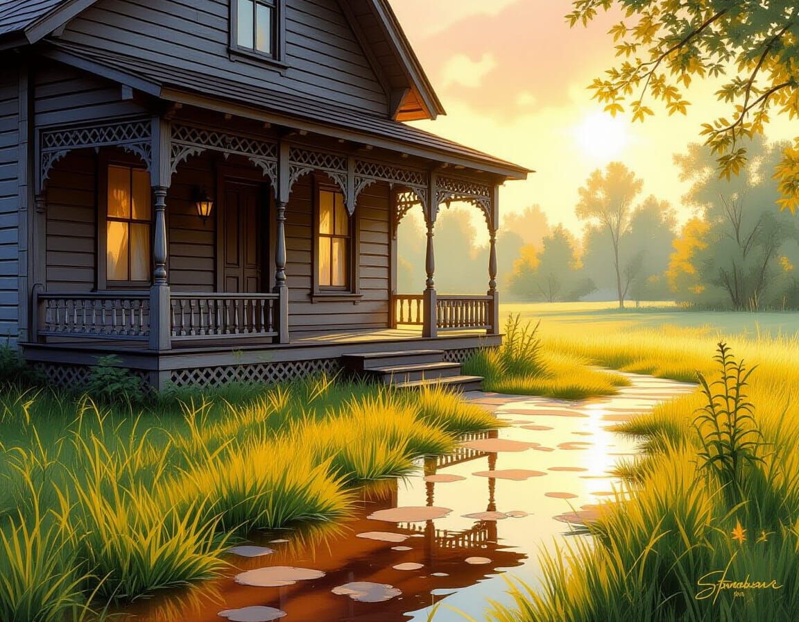 Rustic House with Carved Porch in Sunlight
