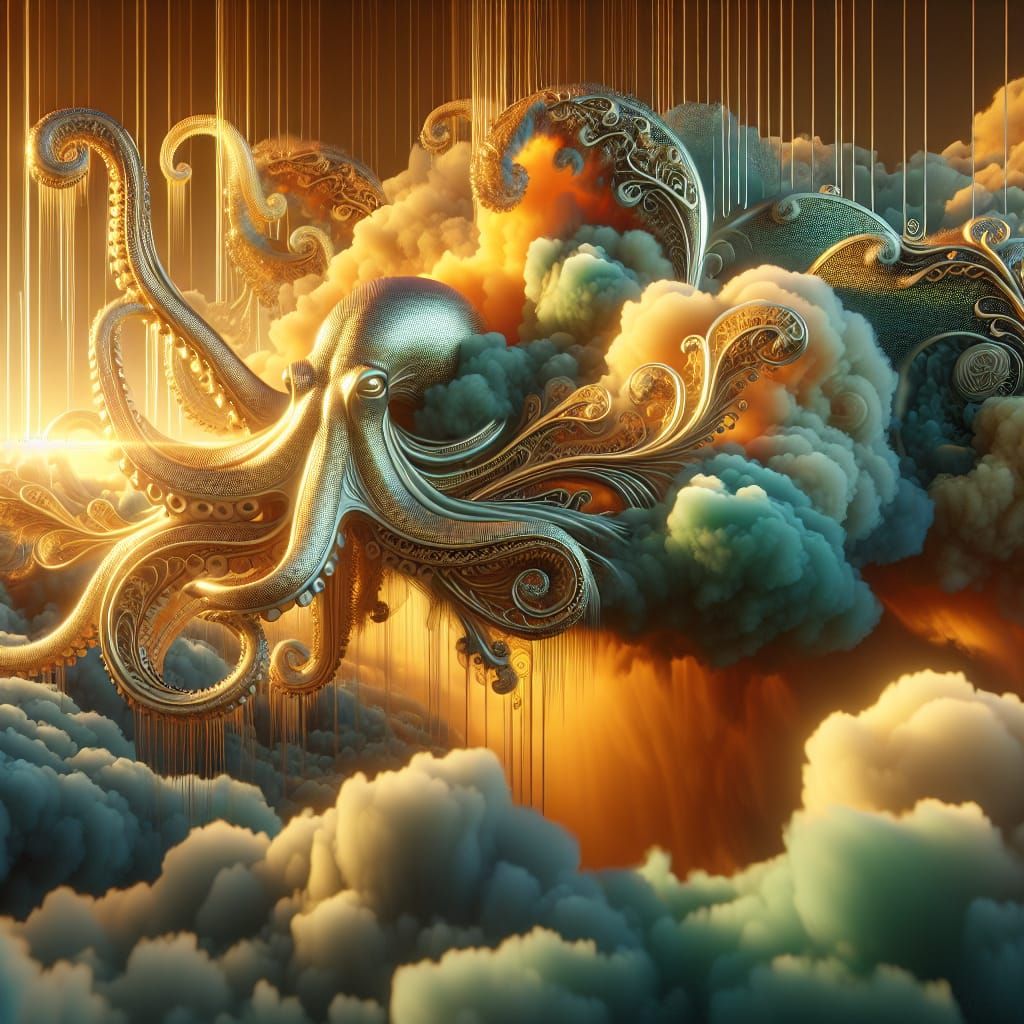 Octopus in Dripping Gold and Silver Clouds