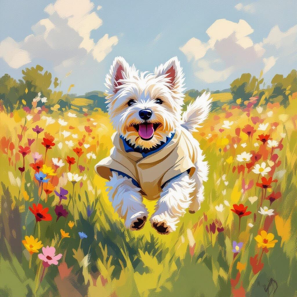 Westie Runs Through Wildflower Field in Impressionist Style