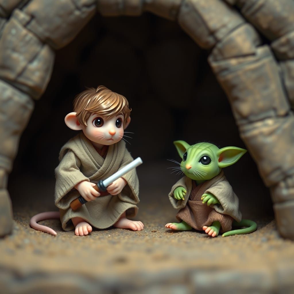 Mice Depiction of Luke Skywalker and Yoda in a Humble Hut