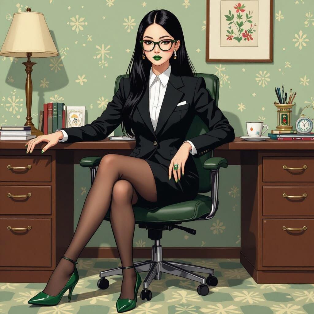 Japanese Secretary in Black Suit, Pop Art Style