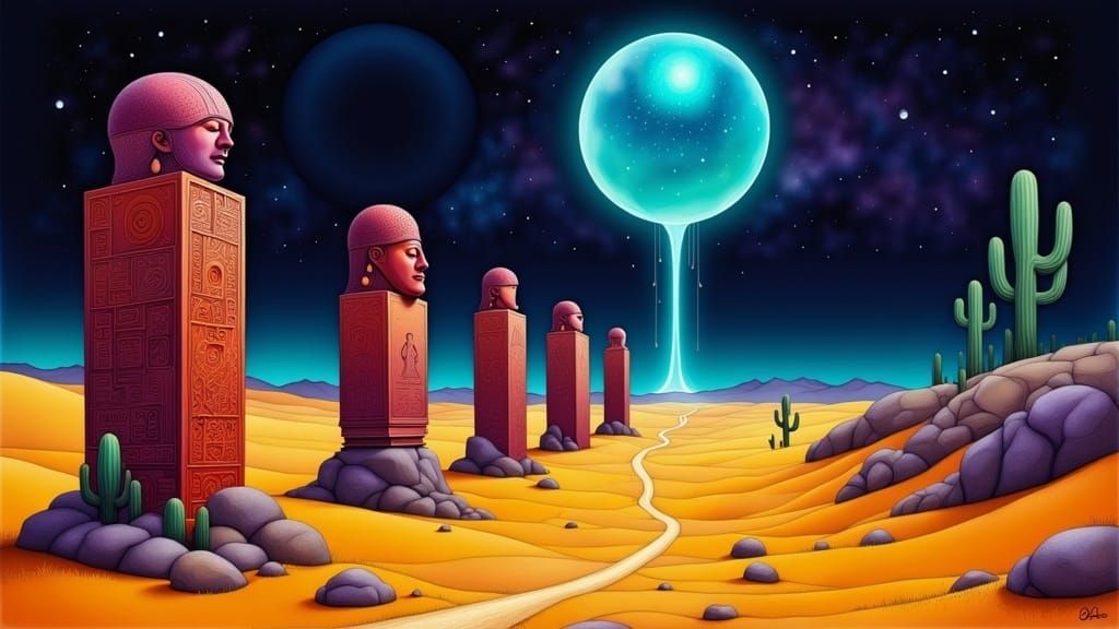 Aztec Sentinels in a Surreal Desert Dreamscape