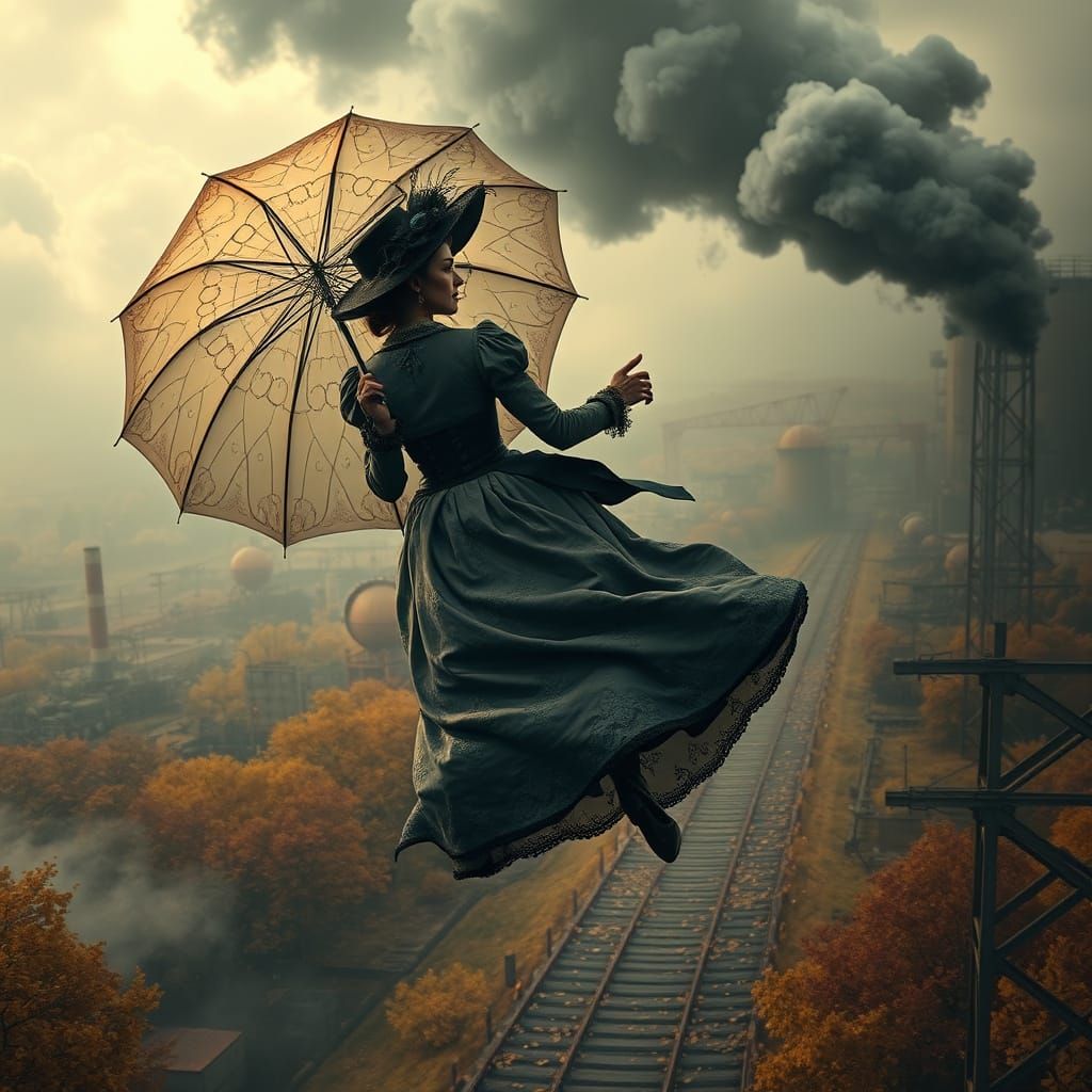 Victorian Lady Flies Over Industrial Landscape in Autumn