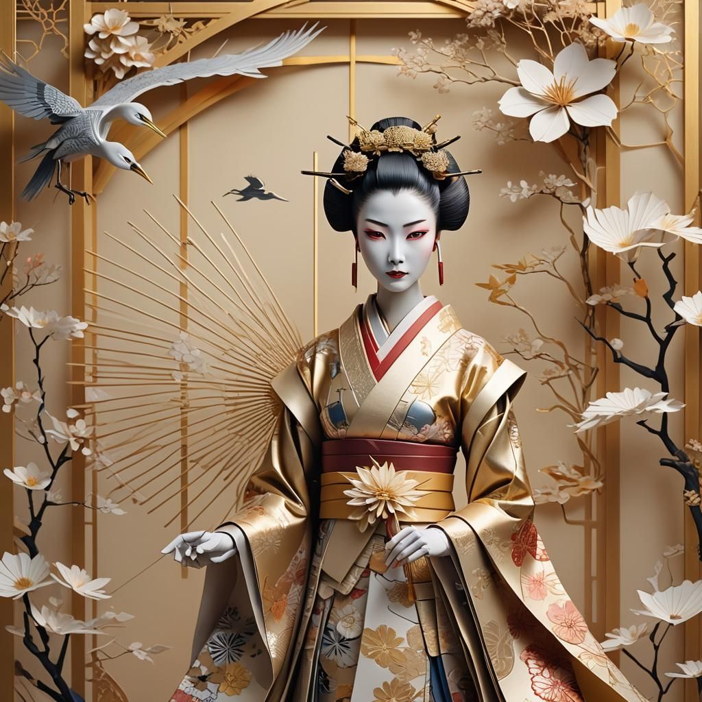 Robot Geisha in Paper Art Style
