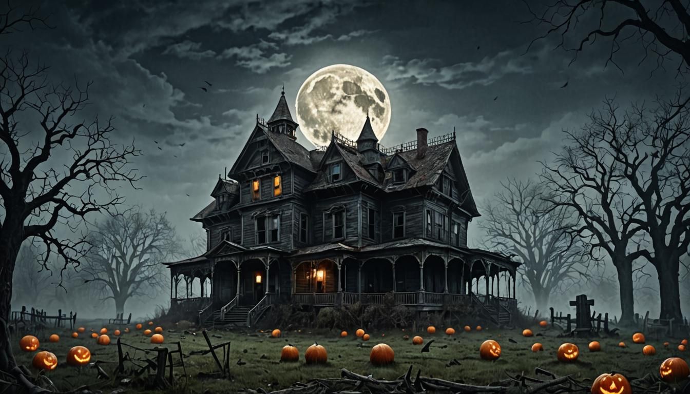 Enormous Haunted House with Ghosts and Harvest Moon