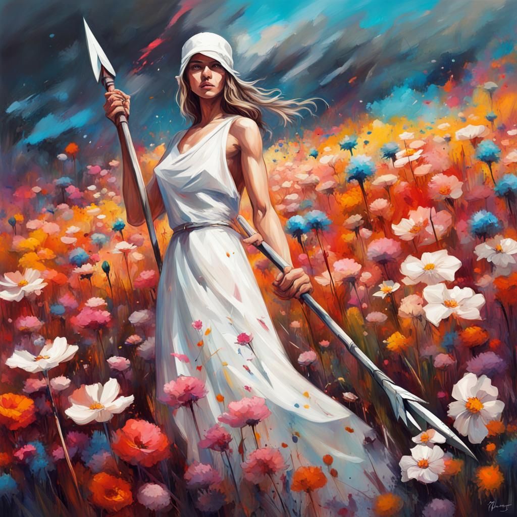 Lady with Spartan Spear in Graffiti Art Style