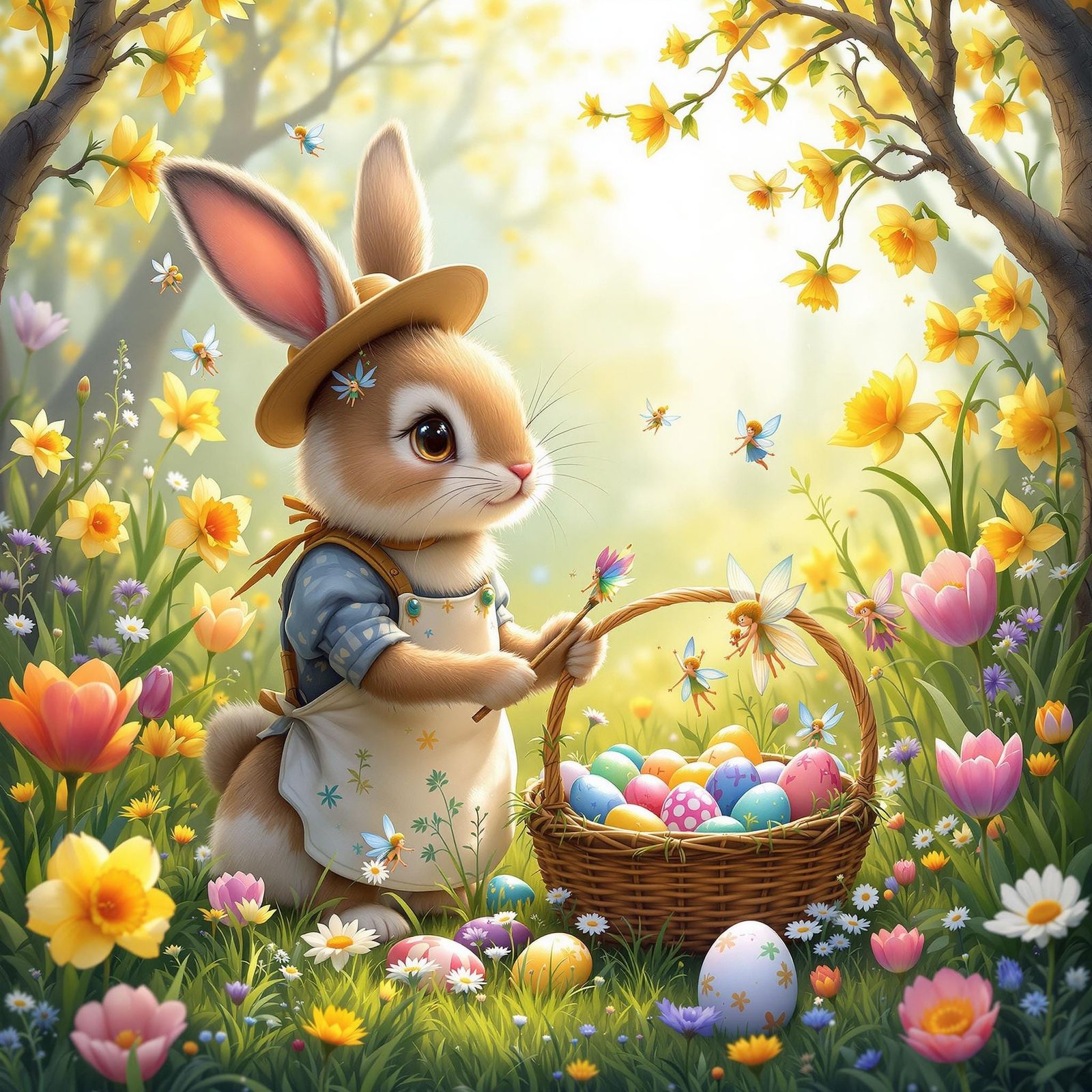 Vibrant Whimsical Bunny in a Springtime Meadow