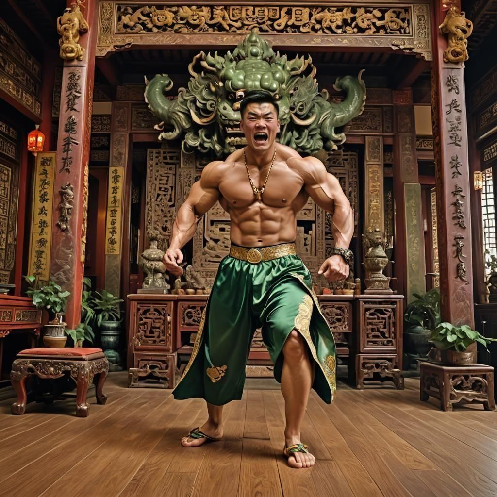 Colossal Bodybuilder Flexing in Traditional Chinese Room
