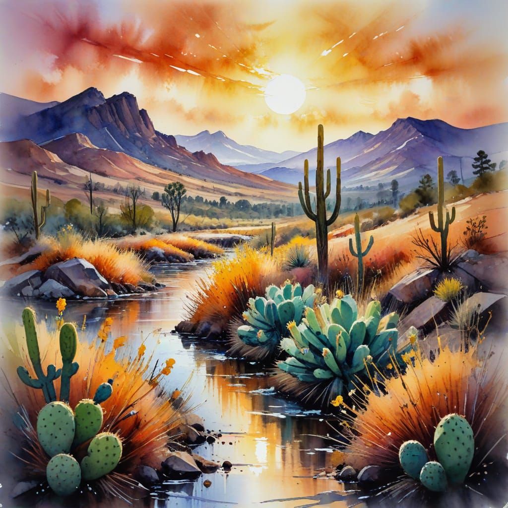 Vibrant Abstract Watercolor Sunset Over Western Plateau