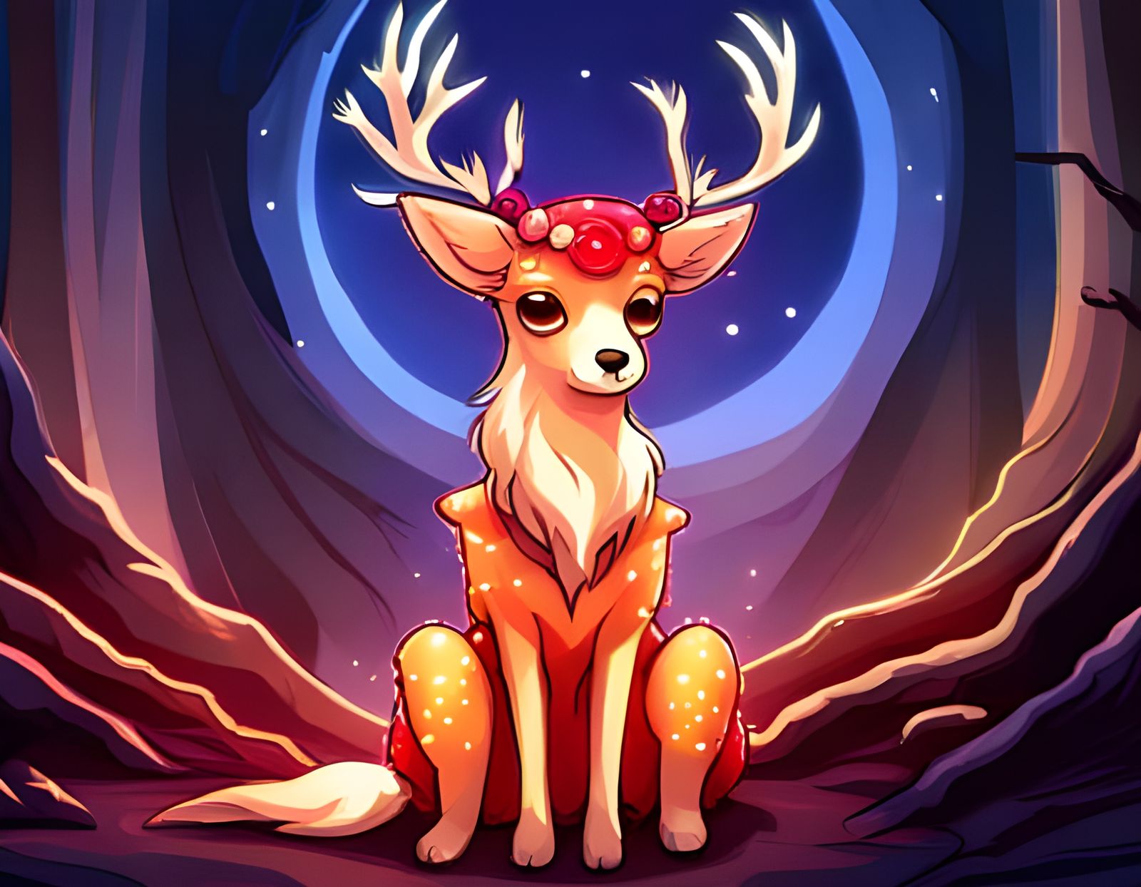 Chibi Deer with Fairy Lights in Ghibli Style