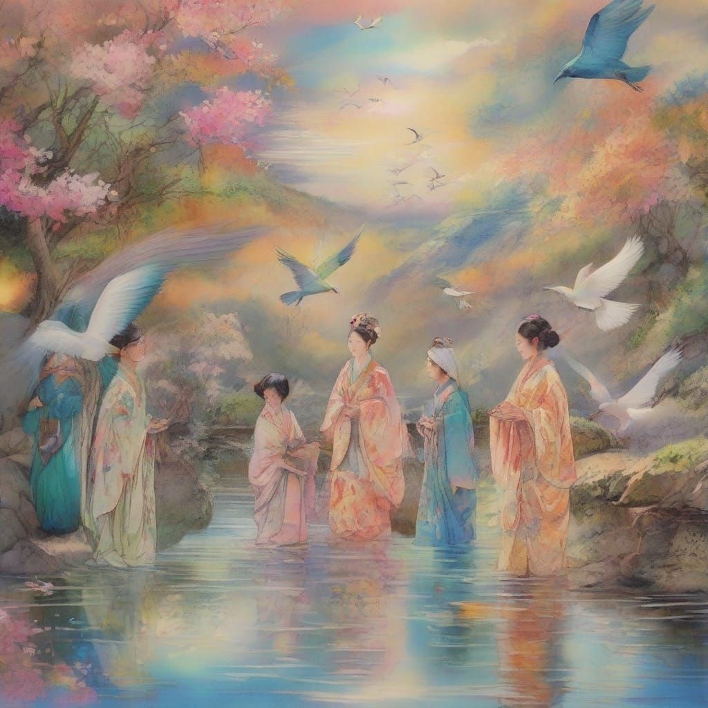 Kaleidoscopic Medieval Japanese Scene with Sci-Fi Elements