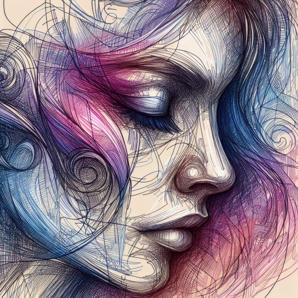 Abstract Face Sketch in Purple, Blue, and Pink