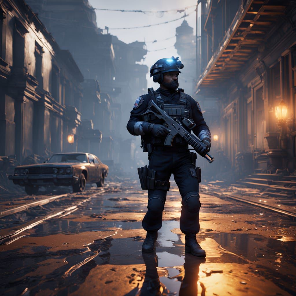 SWAT Officer with Shotgun in Fantasy Art Style