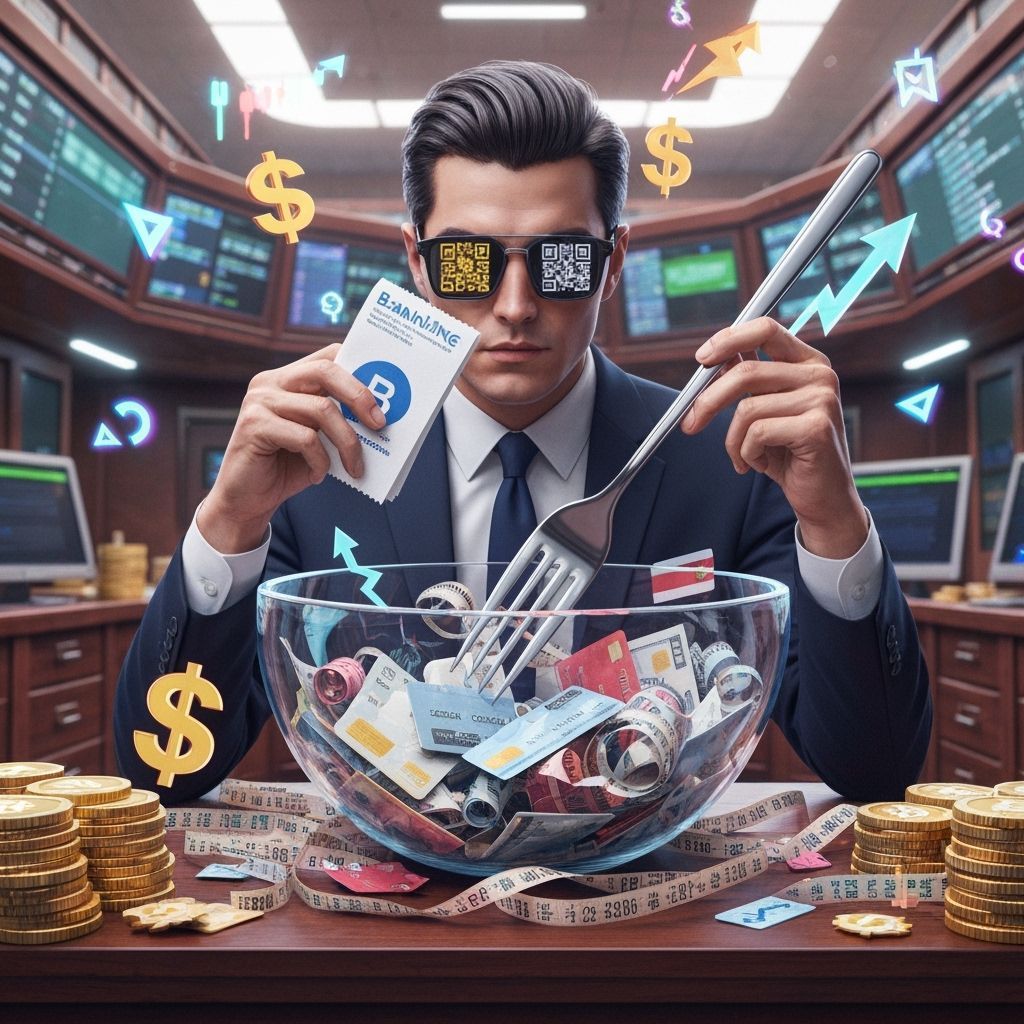 Surreal Finance Figure Consumes Credit Card Salad