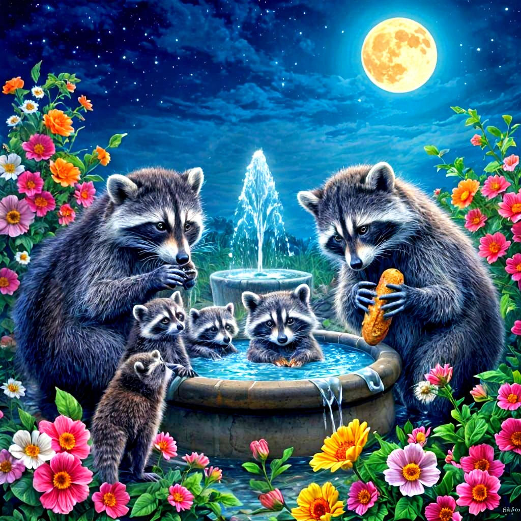 Raccoon Family Nighttime Garden Adventure
