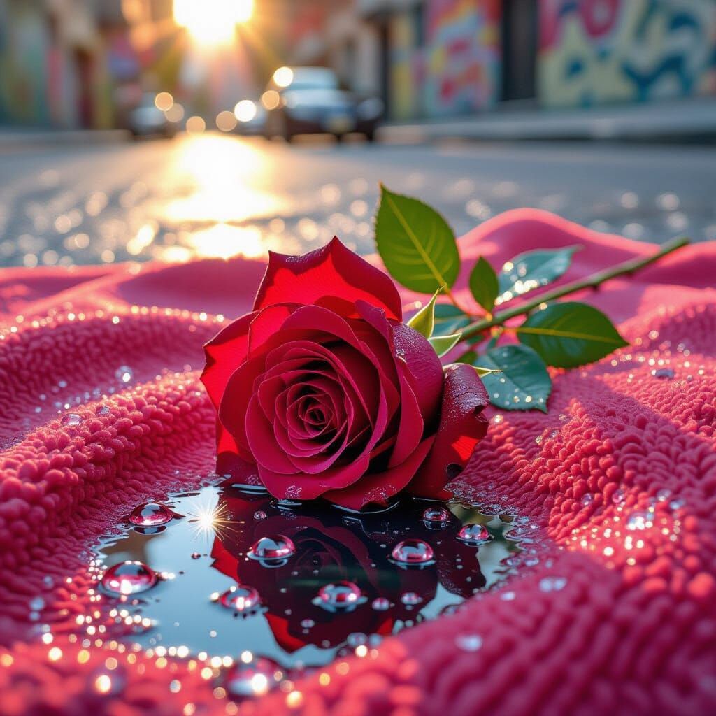 Diamond Rose on Red Blanket with Dew Drops