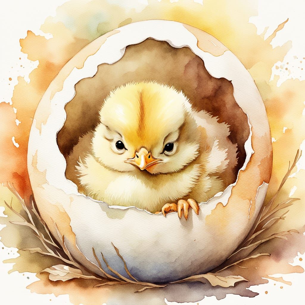 Whimsical Watercolor Baby Chicken in Eggshell Slumber