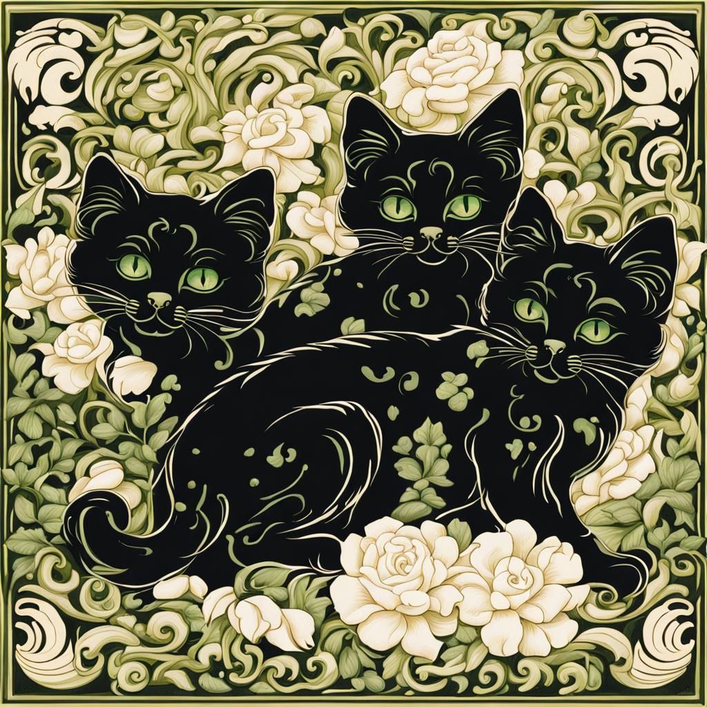 Kittens in Flowers: Art Nouveau Rococo Style