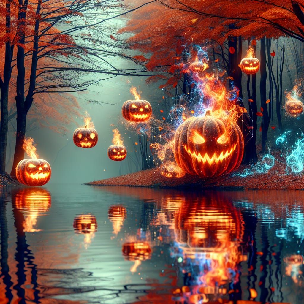 Autumn Lake Reflects a Digital Halloween Universe