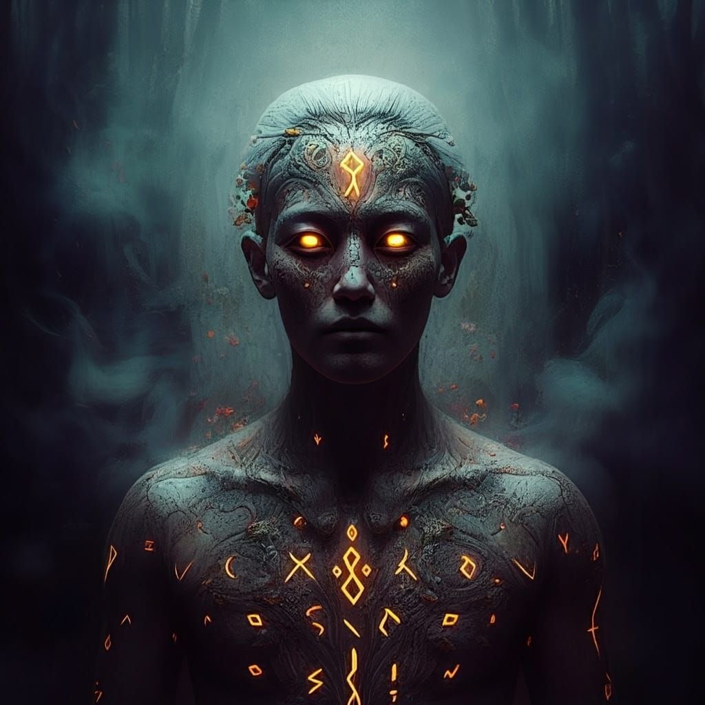 Mysterious Runed Being in Mystical Forest: Digital Painting