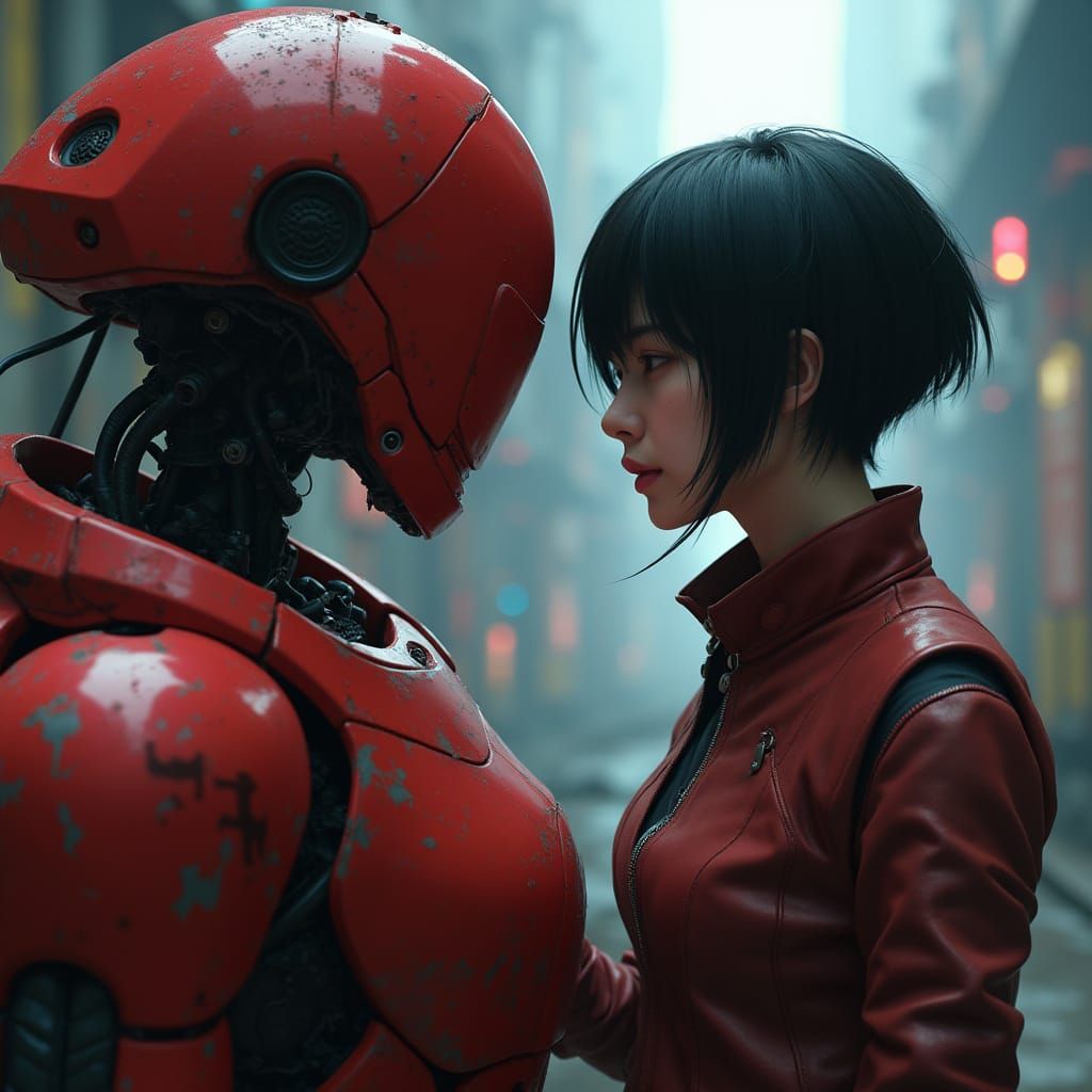 Sci-Fi Girl Repairs Red Robot in Anime Style