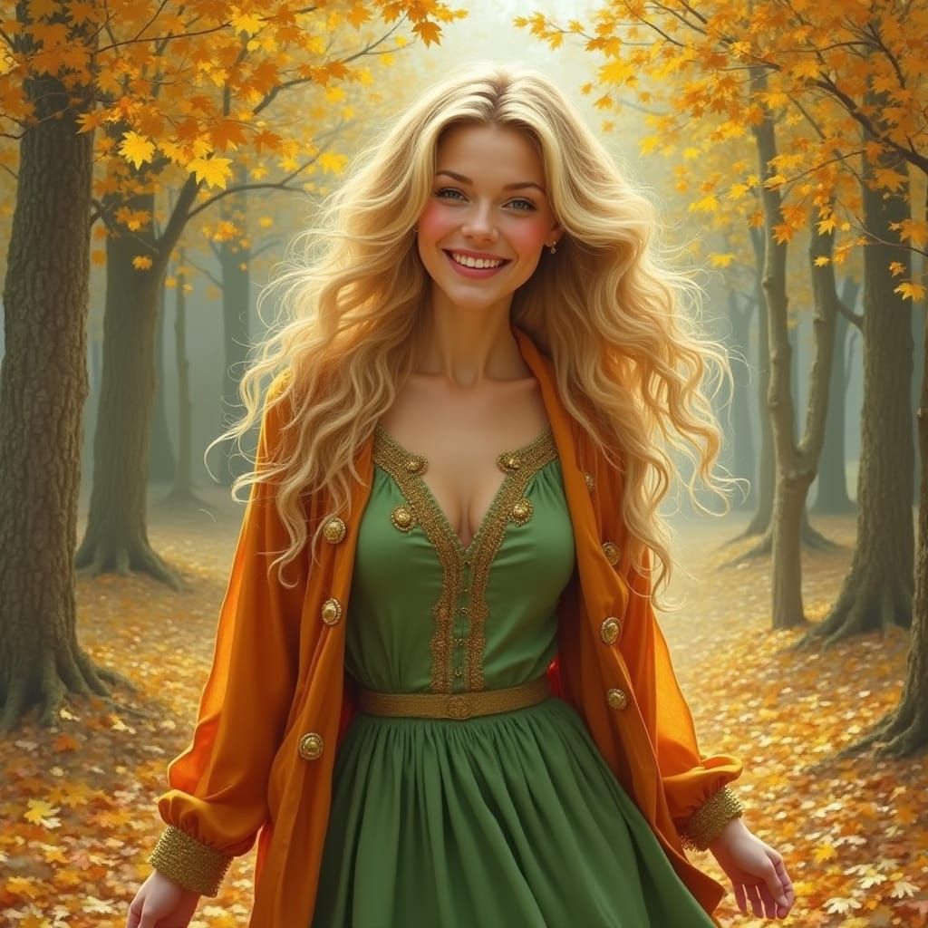 Woman in Green Dress in Autumn Forest