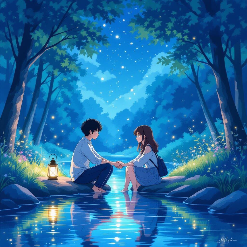 Romantic Anime Couple by Creek at Night
