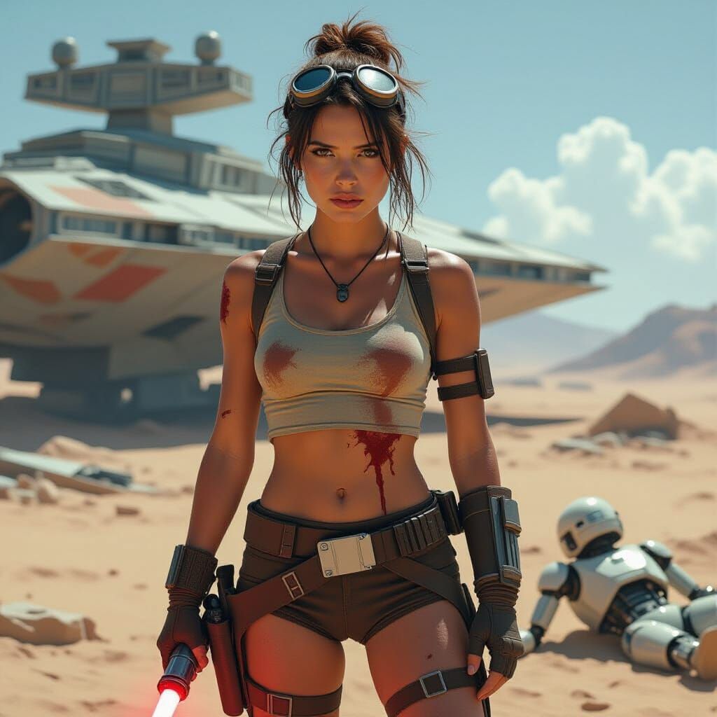 Rey the Scavenger near Crashed Star Destroyer