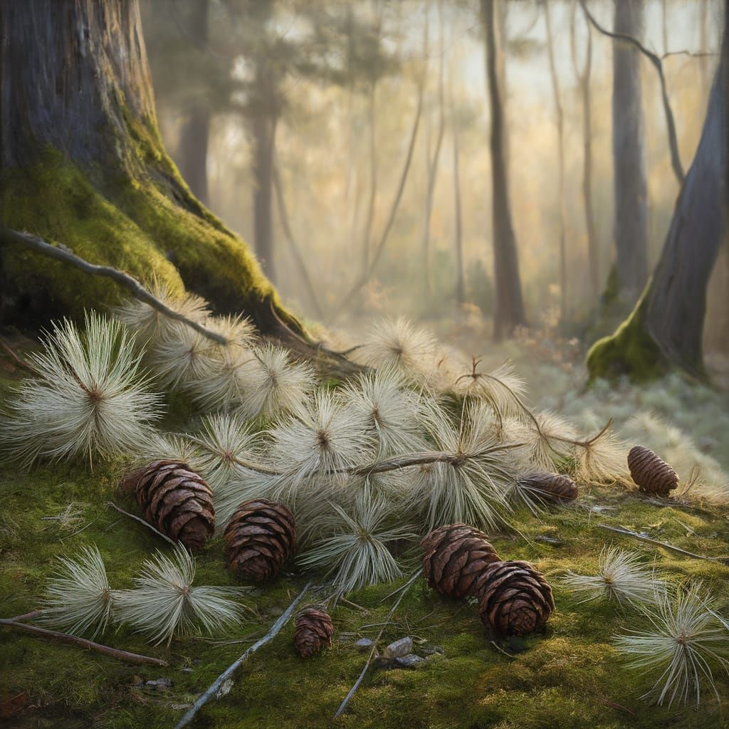 Freshly fallen white pine needles and cones