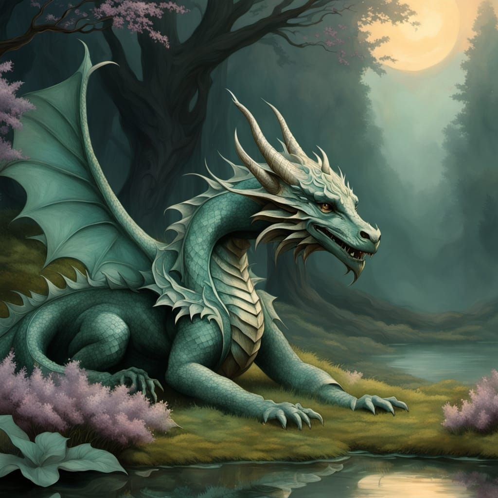 Dragon in Mystical Celtic Meadow, Art Nouveau Style