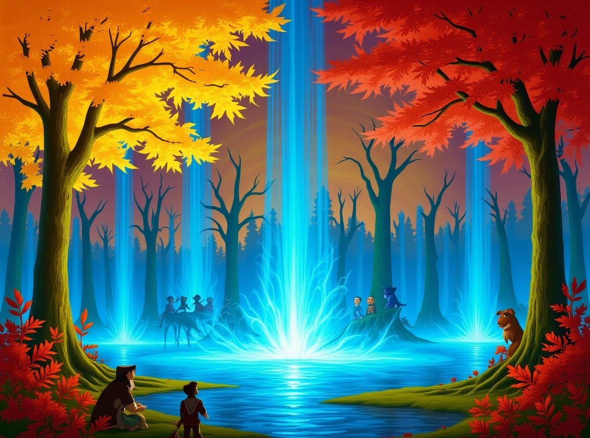 Bioluminescent Waterfall in Enchanted Autumn Forest
