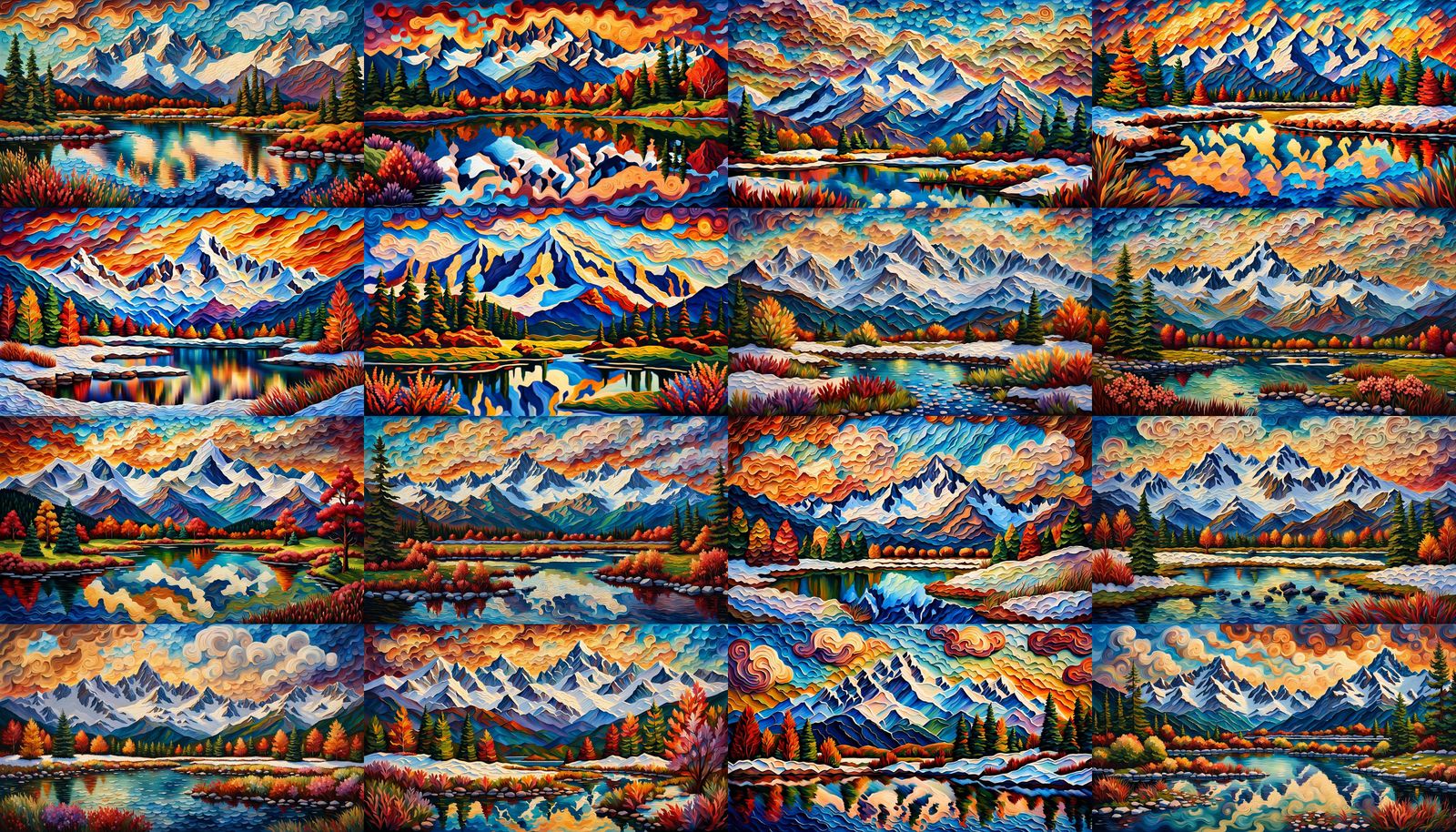 Colorful Mountain Range Impasto Painting with Pond
