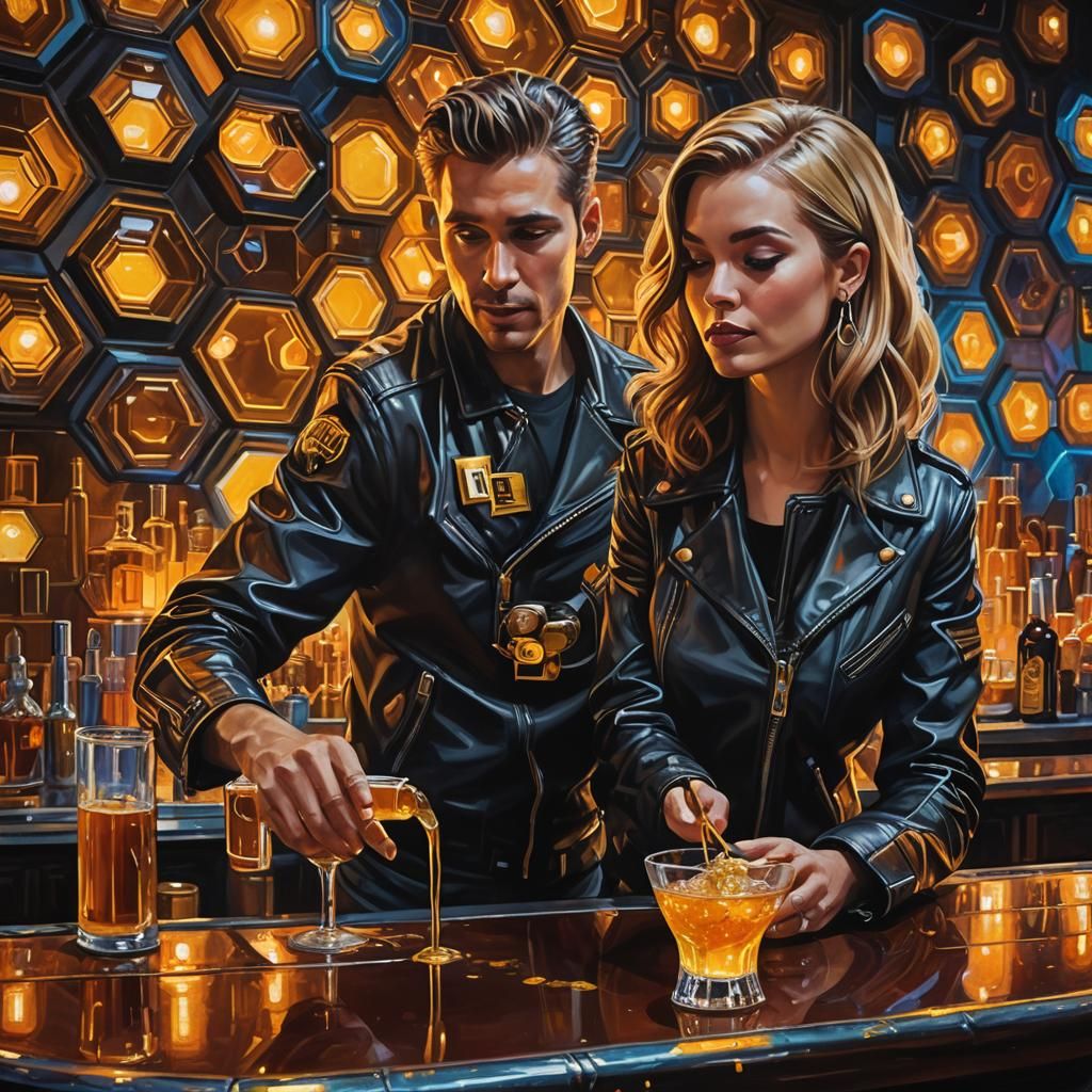 Retro-Futuristic Bee Bartender in Neon Dive Bar