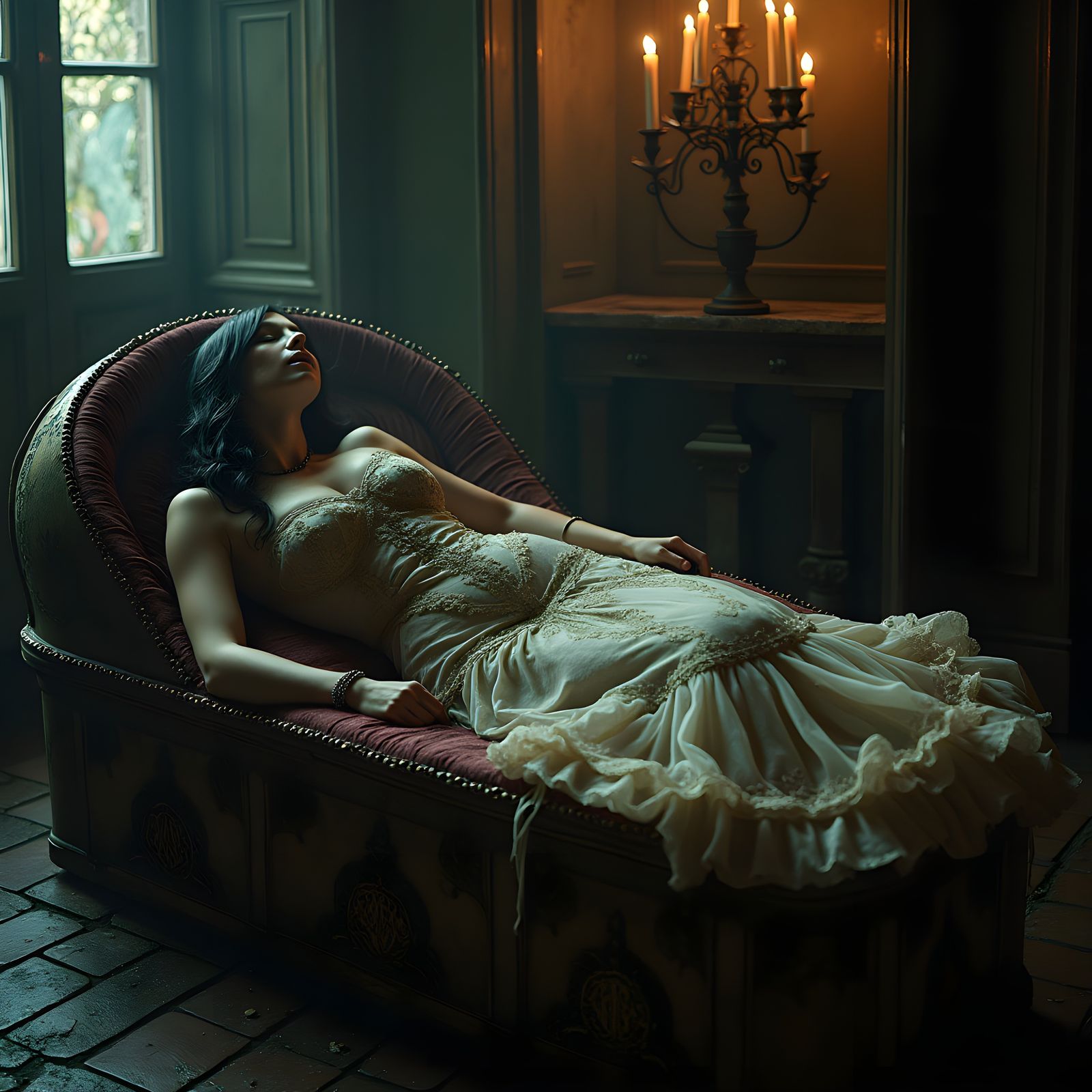 Vampire Woman Sleeping in Coffin in Haunted House