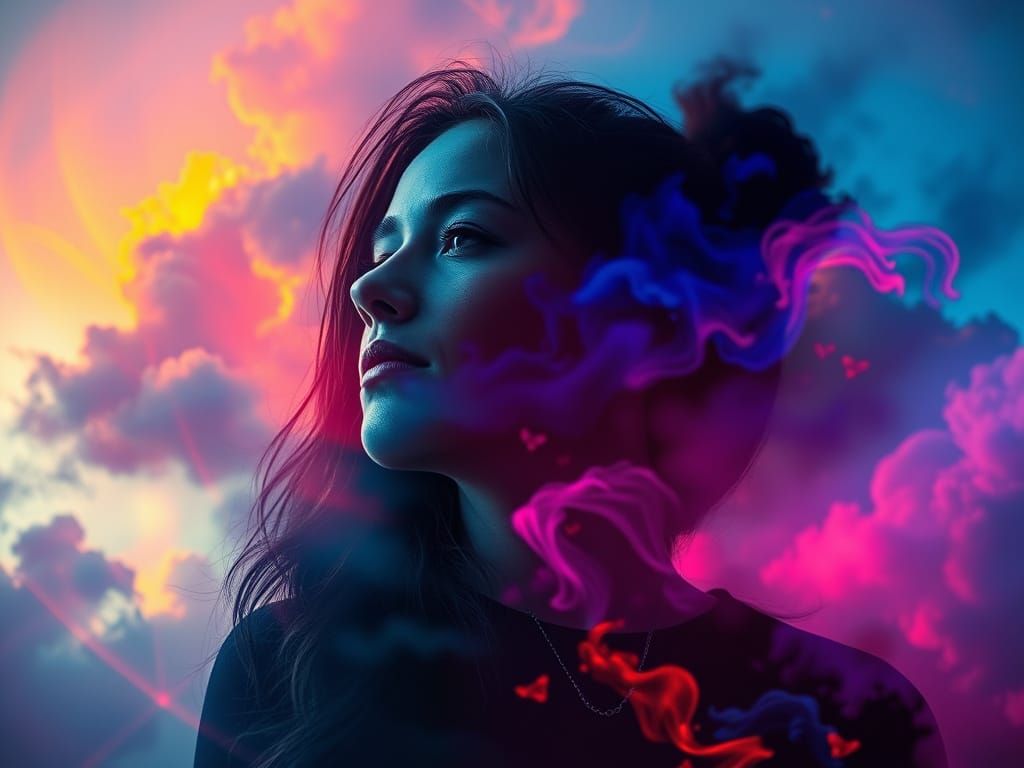 Dreamy Double Exposure of Woman in Abstract Landscape