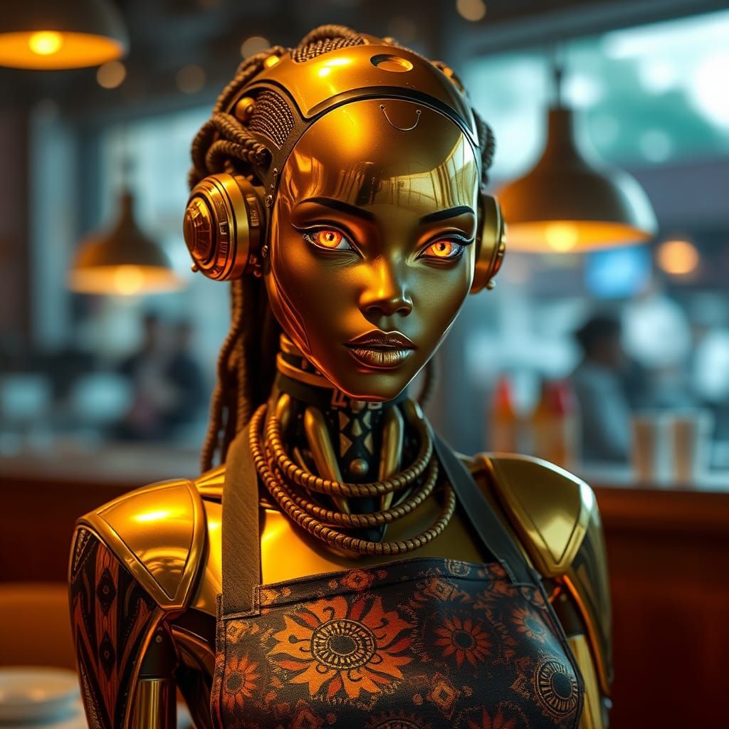 Golden African Android Barista in Cafe