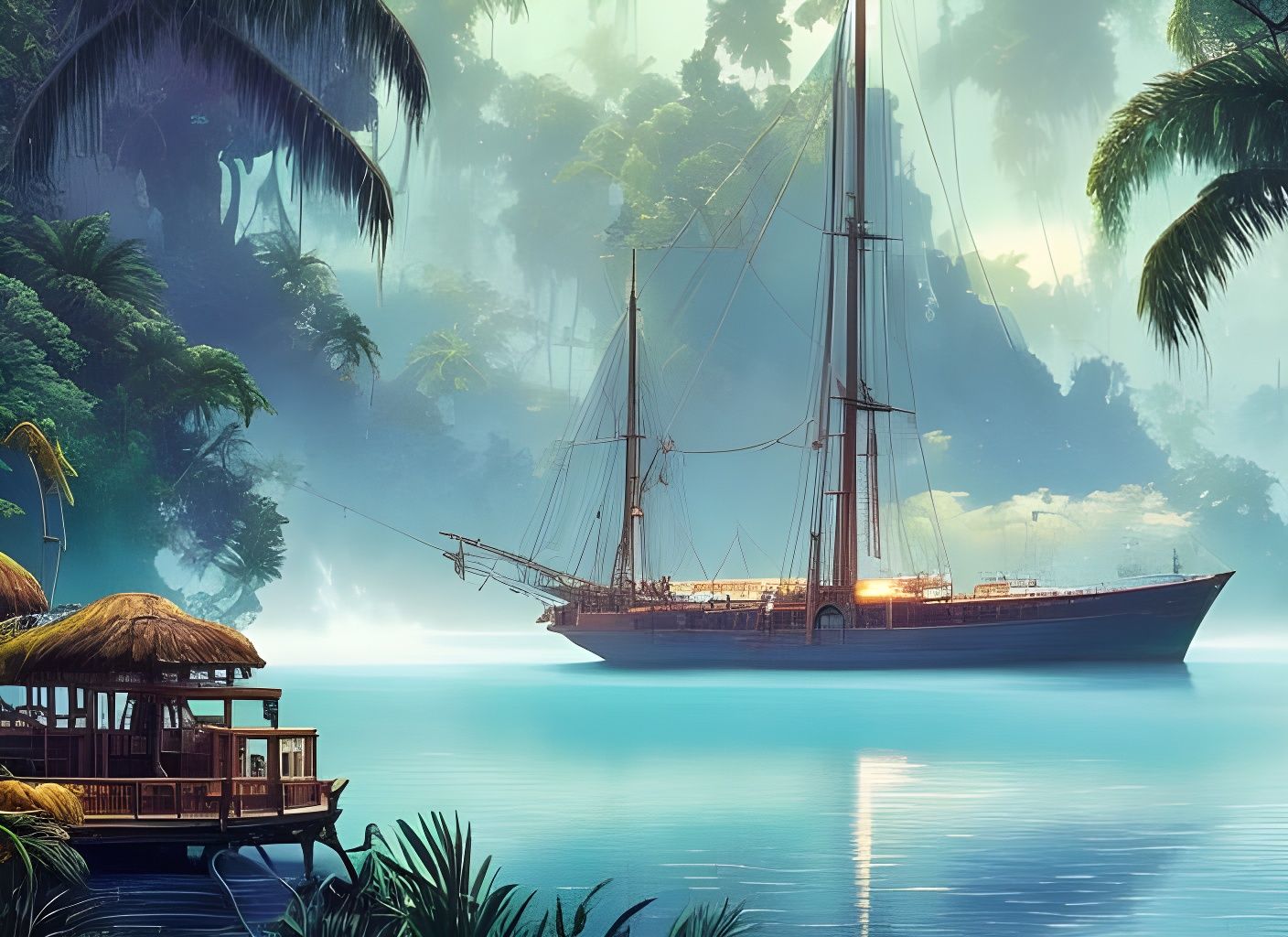 Yacht Moored in Tropical Lagoon: Watercolor Splash Art