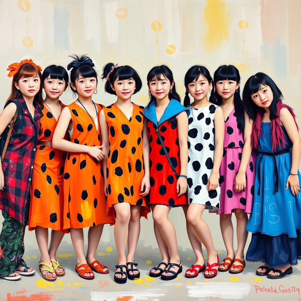 Korean Girls as Flintstones and Jetsons, Neo-Impressionist S...