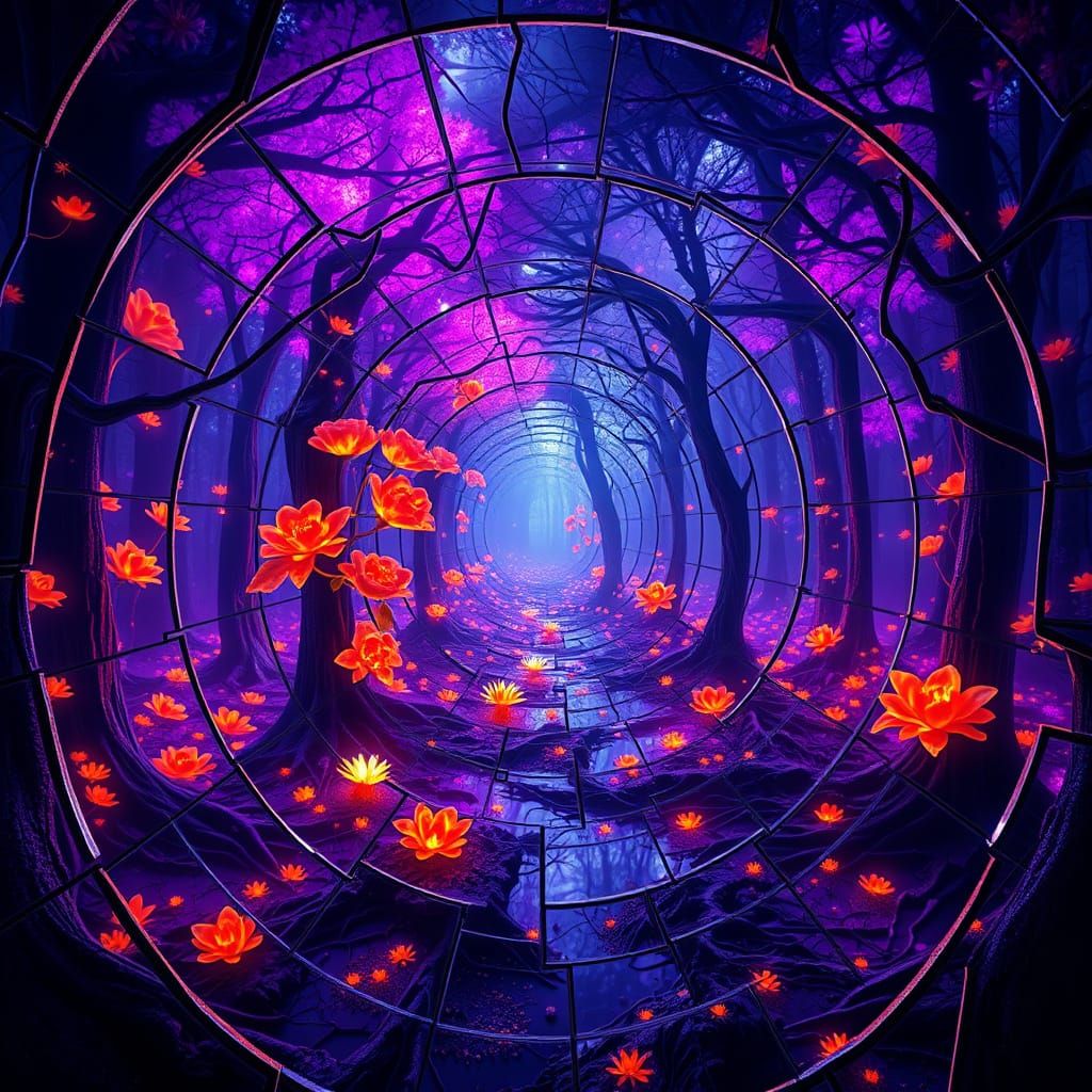 Surreal Labyrinth in Vibrant Purple and Orange Light