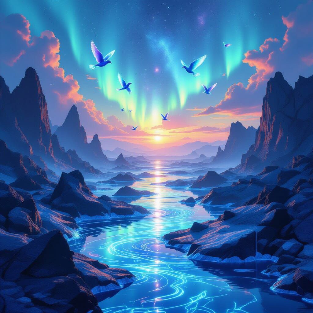 Surreal Estuary with Cosmic Aurora Sky