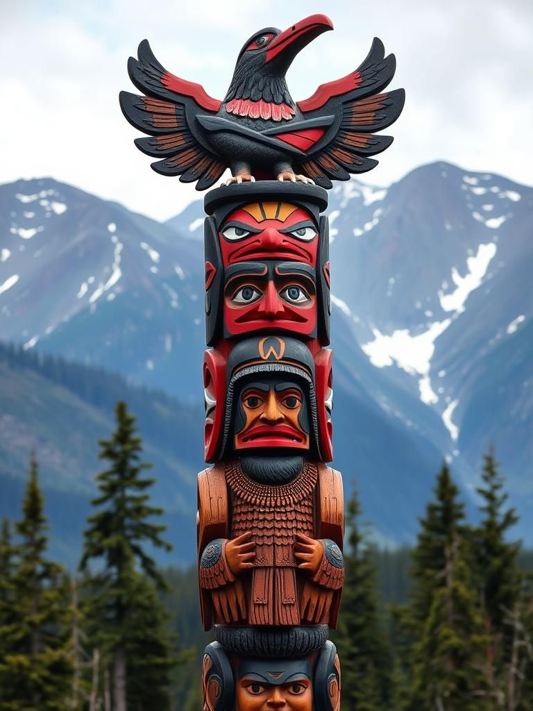 Alaskan Totem Pole Wood Carving with Raven and Sun
