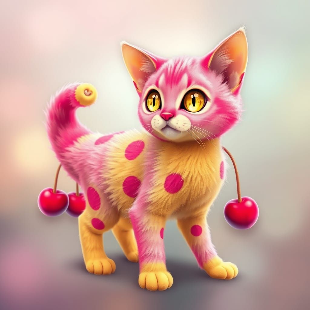 Whimsical Double Exposure Cat with Banana Body and Cherry Sp...