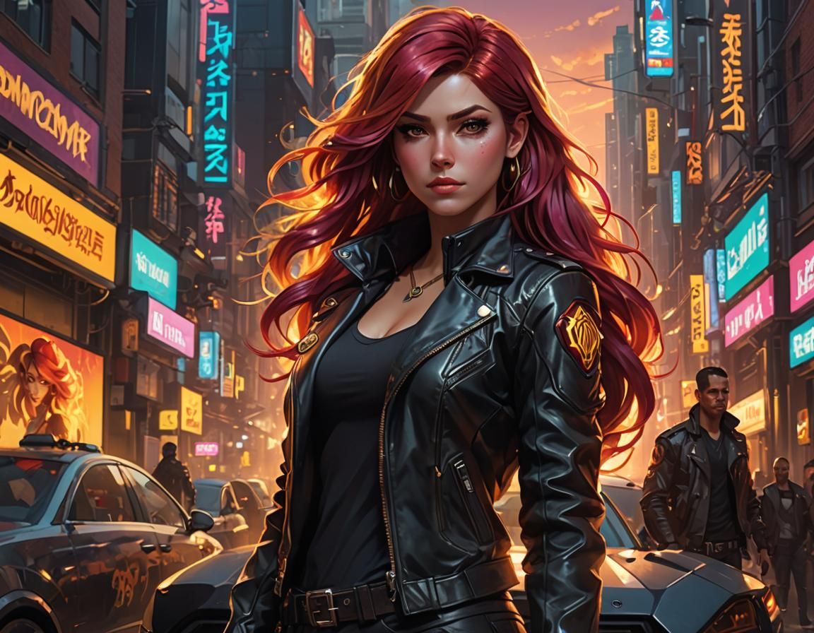 Cyberpunk Portrait of Woman in Leather Jacket