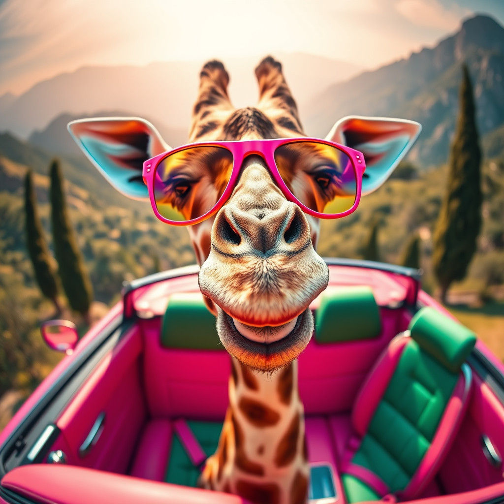 Giraffe Drives Pink Convertible in Italian Landscape