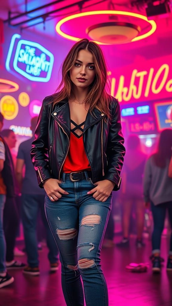 Young Woman in a Neon Nightclub